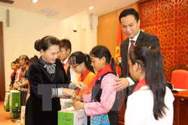阮氏金银主席向各少年儿童模范 代表赠送慰问品。（图片来源：越通社） 