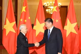 阮富仲总书记与习近平总书记亲切握手（图片来源：越通社）