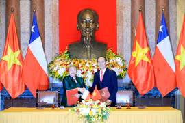 国家主席陈大光与智利总统米歇尔·巴切莱特召开联合新闻发布会
