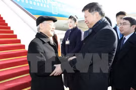 中共中央对外联络部部长宋涛等来到机场迎接阮富仲一行。(图片来源：越通社）