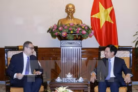 越南政府副总理兼外交部长范平明（右）会见俄罗斯外交部副部长伊戈尔•莫尔古洛夫。