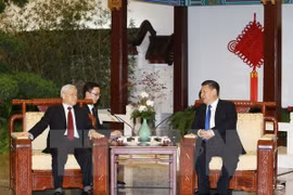 越南共产党中央委员会总书记阮富仲与中国共产党中央委员会总书记、中华人民共和国主席习近平进行茶叙。（图片来源：越通社）