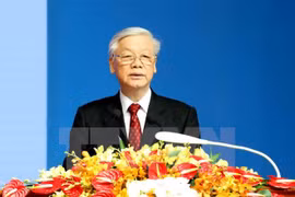 越共中央总书记阮富仲在庆典上发表讲话。（图片来源：越通社）