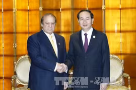 越南国家主席陈大光(右)会见巴基斯坦总理纳瓦兹·谢里夫