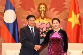 越南国会主席阮氏金银会见老挝总理通伦·西苏里。（图片来源：越通社）