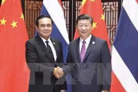 泰国总理巴育与中国国家主席习近平握手。