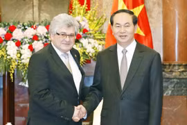 越南国家主席陈大光（右）与瑞士联邦院议长伊沃·比绍夫贝尔格​ 。