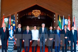 阮春福与出席第30届东盟峰会各国代表团团长合影。