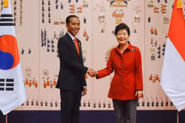 印尼总统佐科与韩国总统朴锦惠会谈前握手。