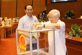 越共中央总书记阮富仲和国家主席陈大光投票（图片来源：越通社）