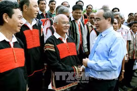 越南祖国阵线中央委员会主席阮善仁与波来古市少数民族。