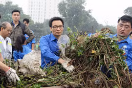 武德儋副总理与河内市青年们参与灵潭湖垃圾清理活动。