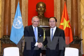 越南国家主席陈大光与联合国常务副秘书长扬·埃利亚松亲切握手（图片来源：越通社）