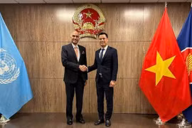 越南常驻联合国代表团团长邓黄江大使会见印度常驻联合国代表团团长帕尔瓦塔尼尼·哈里什大使。图自越通社。图自越通社