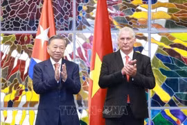 越共中央总书记、越南国家主席苏林和古巴共产党中央委员会第一书记、古巴国家主席米格尔·迪亚斯-卡内尔·贝穆德斯。图自越通社
