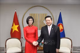 越南常驻东盟代表团团长孙氏玉香大使和东盟秘书长高金洪递交国书。图自越通社