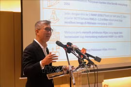 马来西亚投资、贸易和工业部部长东姑·扎夫鲁·阿齐兹在新闻发布会上发言。图自越通社