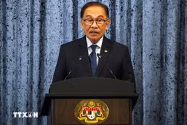 马来西亚总理安瓦尔·易卜拉欣2023 年 11 月 5 日在布城举行的新闻发布会上发表讲话。图自法新社/越通社