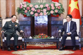 越南国家主席梁强（右）会见中共中央军委副主席张又侠。图自越通社