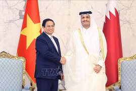 范明政总理与卡塔尔首相谢赫·穆罕默德·本·阿卜杜勒拉赫曼·阿勒萨尼。图自越通社