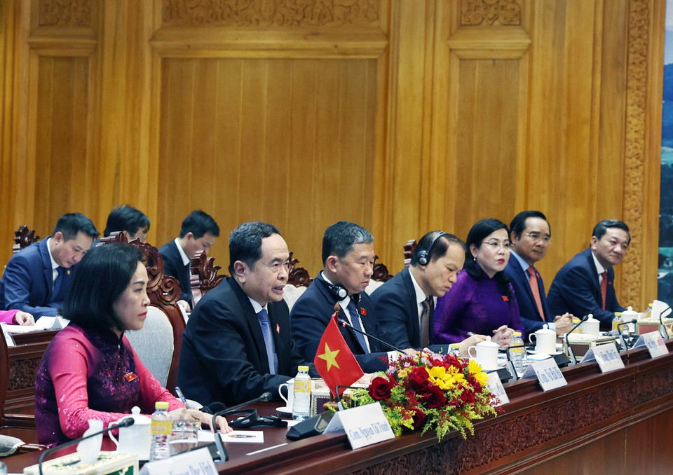 越南国会主席陈青敏在会谈中发表讲话。图自越通社
