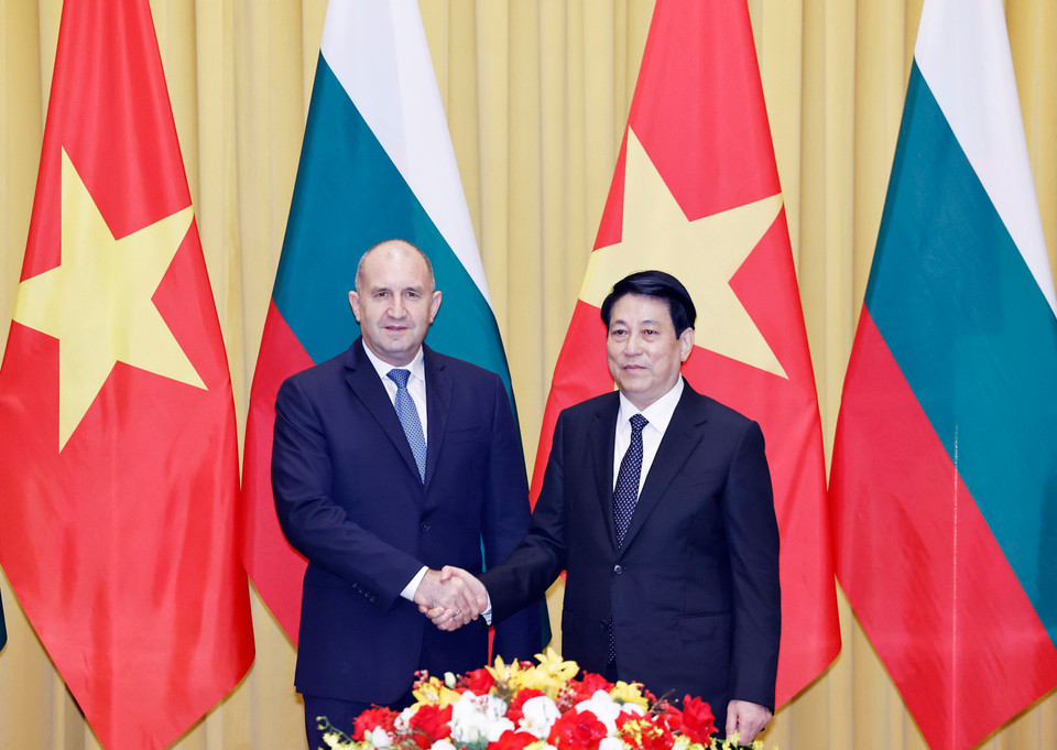 越南国家主席梁强同保加利亚总统鲁门·拉德夫举行会谈。图自越通社