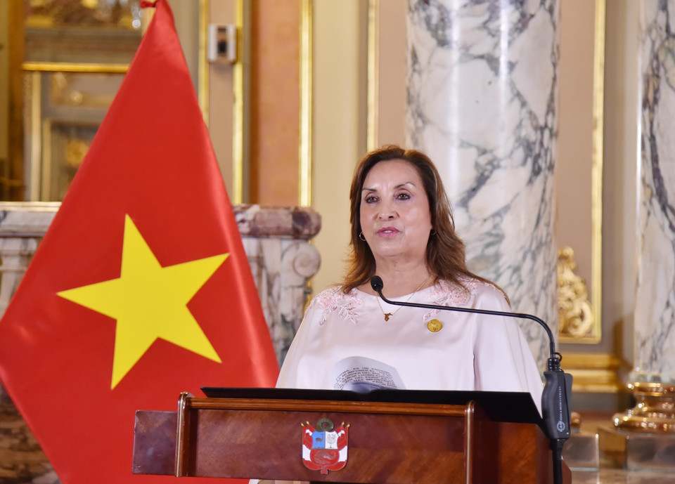 越南国家主席梁强和秘鲁总统迪娜·塞加拉共同会见记者。图自越通社