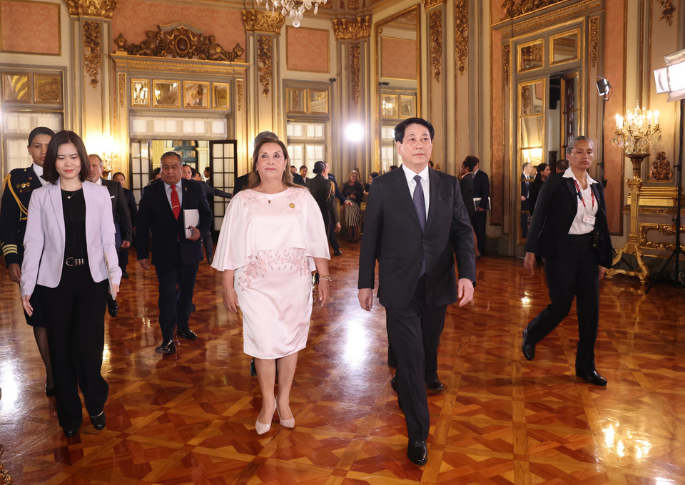 越南国家主席梁强和秘鲁总统迪娜·埃尔西利娅·博鲁阿尔特·塞加拉前往会谈室。图自越通社