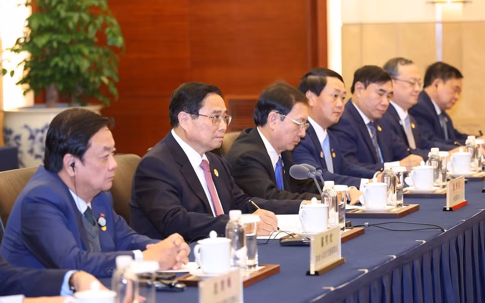 越南政府总理范明政在会谈上发表讲话。图自越通社