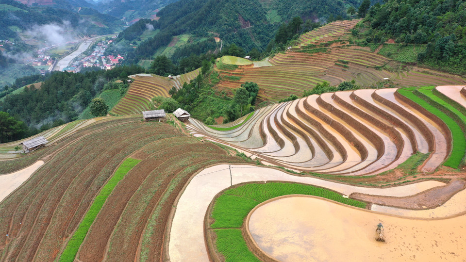 注水季来到木江界，游客将有机会置身于清新的空气中，从高处俯瞰在阳光照耀下闪闪发光的梯田。图自 越通社