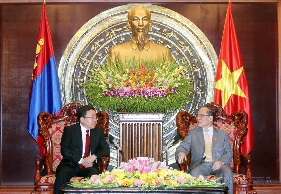 越南国会主席阮生雄会见对越南进行国事访问的蒙古国总统额勒贝格道尔吉（2013年）。图自越通社