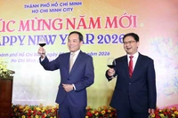 越共中央政治局委员、胡志明市市委书记陈流光（左）与各位来宾举杯共庆新年。图自越通社