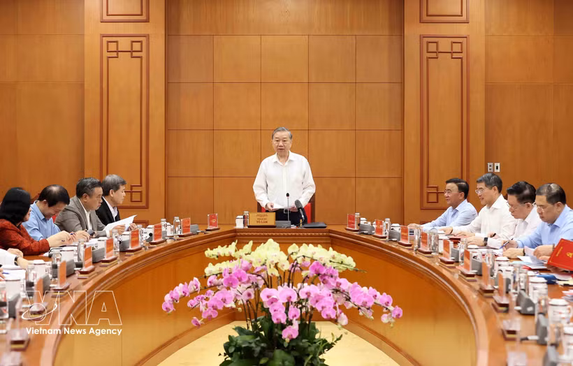 越共中央总书记、中央反腐败、反浪费、反消极指导委员会主任苏林主持会议。图自越通社