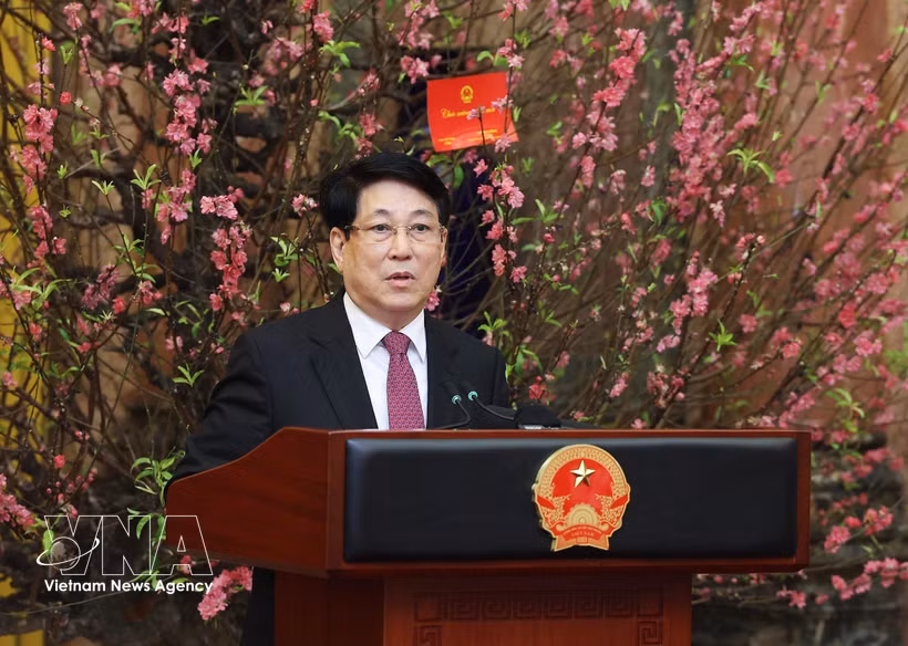 越南国家主席梁强在见面会上发表讲话。图自越通社