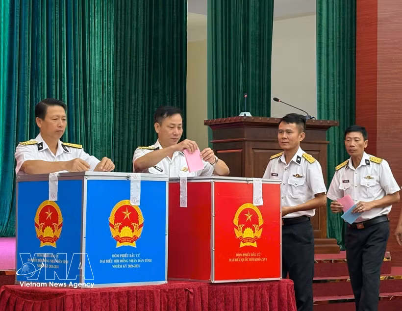 越南海军第四军区（驻庆和省）某旅军官参加第十六届国会代表和各级人民议会代表选举投票。图自越通社