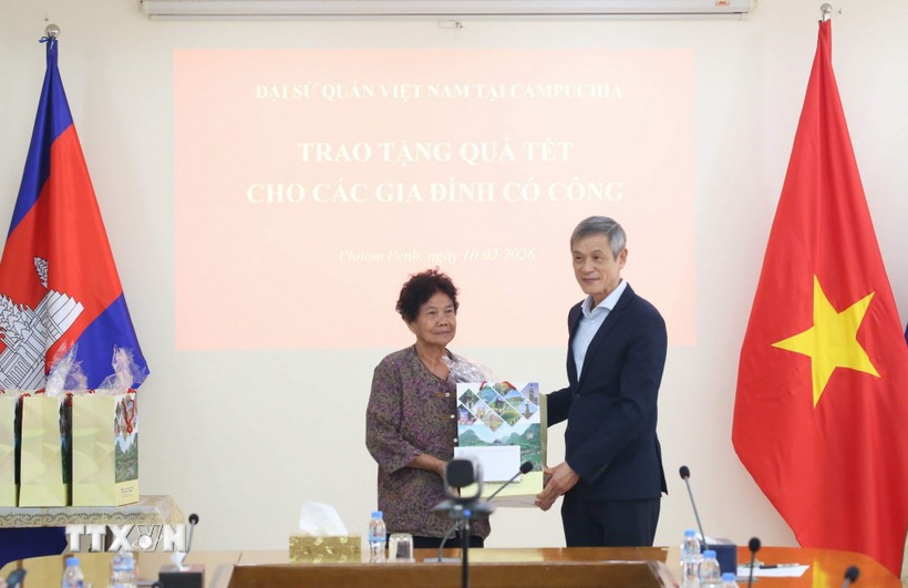 越南驻柬埔寨大使阮明宇向曾为抗美战争做出贡献、并于2009年荣获越南总理颁发的功绩证书的何氏娥女士赠送春节慰问品。图自越通社