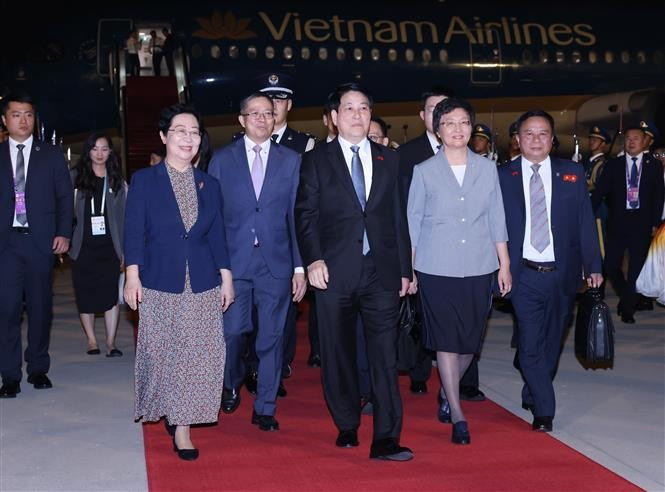 中国官员到机场迎接梁强一行 图自越通社