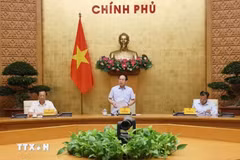 越南政府副总理、边境乡学校建设指导委员会主任黎进珠发表讲话。图自越通社。