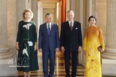越共中央总书记、国家主席苏林和夫人吴芳璃会见比利时国王菲利普和王后玛蒂尔德。图自越通社