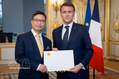 越南驻法国特命全权大使郑德海向法国总统埃马纽埃尔·马克龙递交国书。（2026年3月25日）图自越通社 