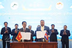 在会议框架内，柬埔寨上丁省代表与越南嘉莱省富财股份公司签署了大型用材林种植投资研究合作备忘录。图自越通社。