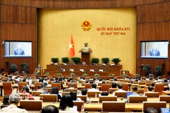 继续第十六届国会第二次会议议程，2026年10月29日下午，国会在会堂就《中小企业发展法》草案展开讨论。图自越通社