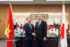 越南政府副总理兼科技部部长武海军（左）与日本总务大臣藤井久之共同出席会晤，双方一致同意继续维持双边交流机制。图：越通社