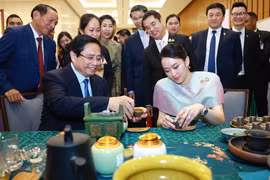 越泰两国总理参观共同参观越南具有特色的手工艺品展示空间