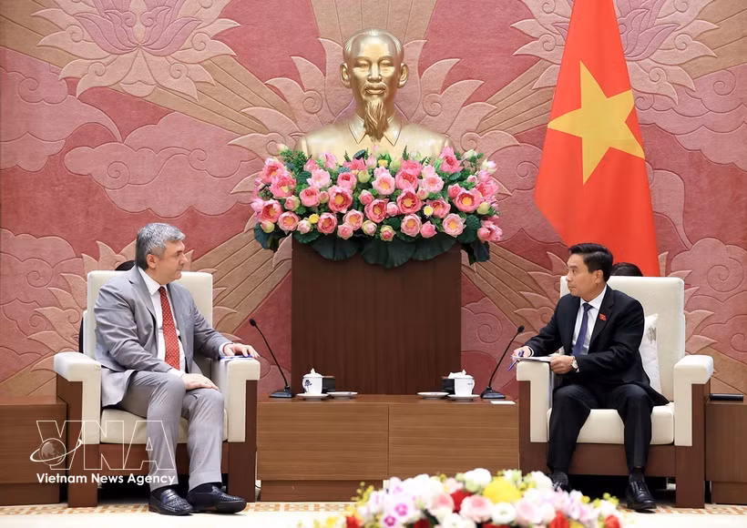 越南国会副主席阮尹英会见俄罗斯圣彼得堡市对外关系委员会副主席卡尔加诺夫·维亚切斯拉夫·根纳季耶维奇。图自越通社