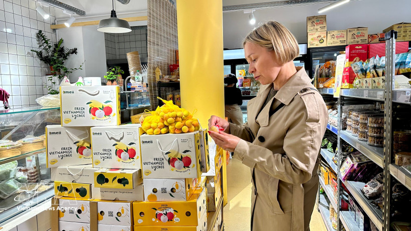 法国消费者品尝越南农产品。图自越通社