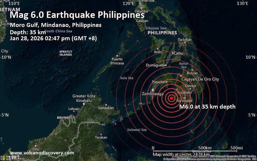 当地时间1月28日，菲律宾棉兰老岛附近海域发生6.0级地震。图自互联网