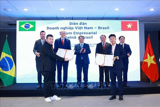 范明政总理出席越南南越股份公司与巴西AV09进出口公司签署巴沙鱼、罗非鱼养殖与出口合作协议交换仪式图自越通社 ky-te-hop-tac.jpg