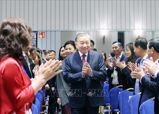 苏林总书记会见驻北欧国家越南使馆工作人员和旅居北欧越侨代表。图自越通社 gap-cong-dong.jpg