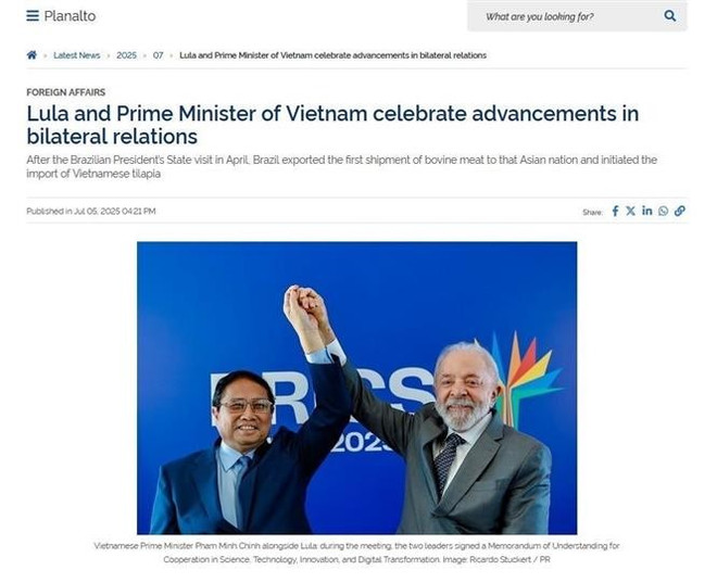 巴西政府官方媒体《Planalto》报道范明政总理与卢拉总统举行的会谈。 图自越通社 truyen-thong-2.jpg